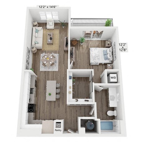 Floor plan for 1 bed, 1 bath, 890 sqft
